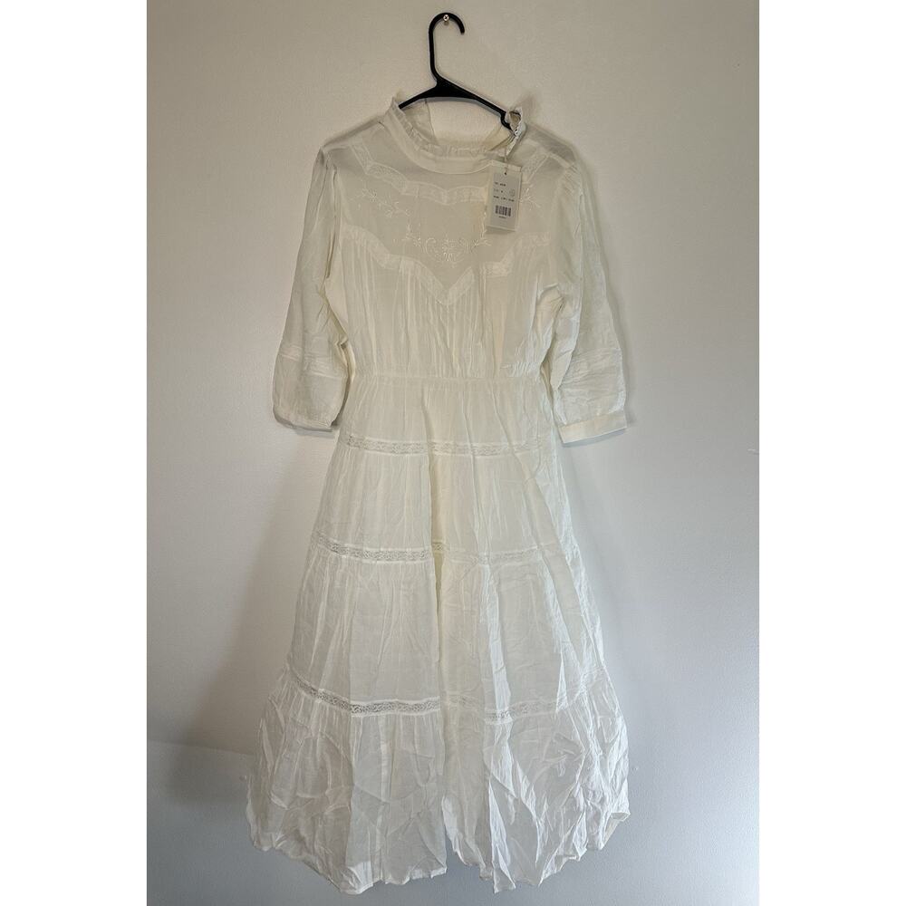 Simple Retro White Embroidered A-Line Long Dress Vintage Cottagecore Milkmaid